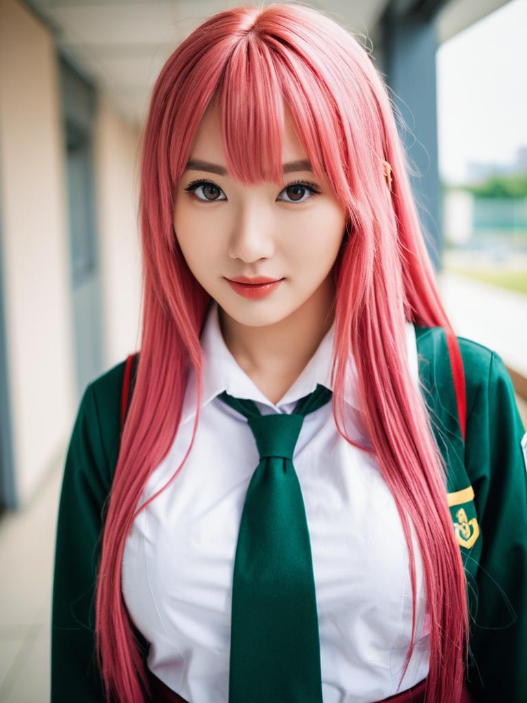 Cosplay Portrait of Woman with Pink Hair in Green School Uniform