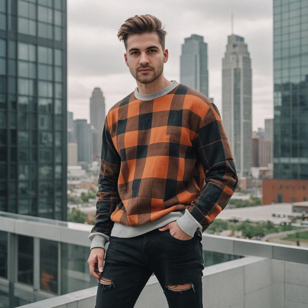 Man in Orange and Black Sweater with City Skyline