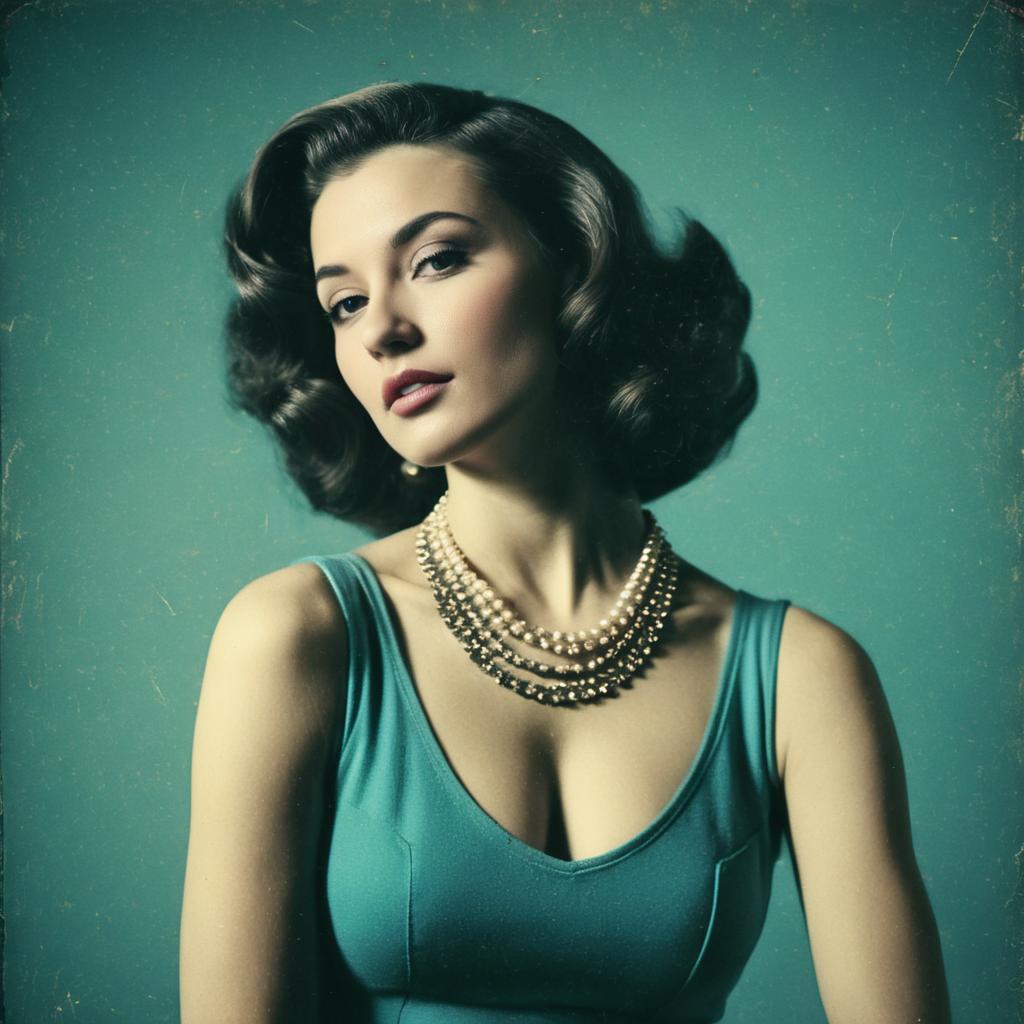 Retro Vintage Style Portrait of Woman in Teal Dress with Pearl Necklace