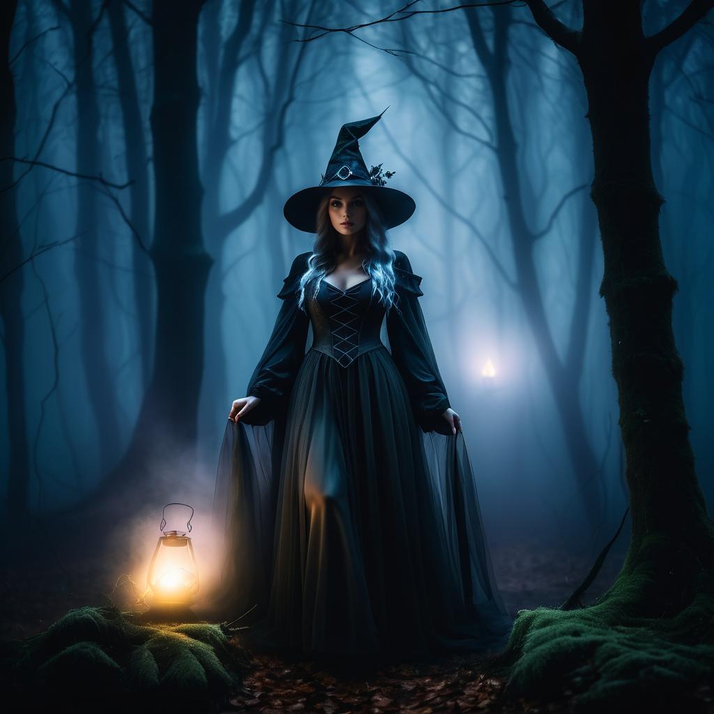 Mysterious Woman in Witch Costume with Lantern in Foggy Forest