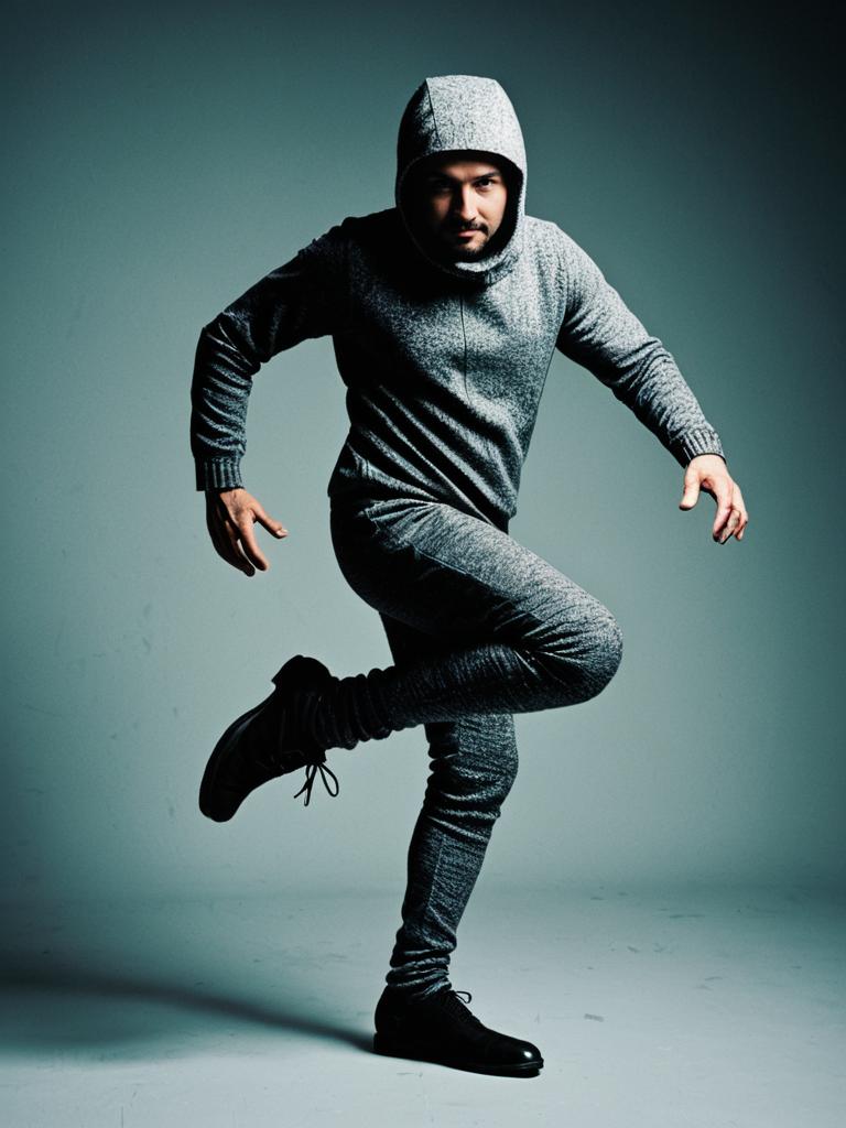 Photorealistic Studio Portrait of Man in One-Legged Costume in Gray Hoodie