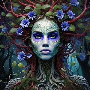 Surreal Woman with Tree Roots and Blue Flowers