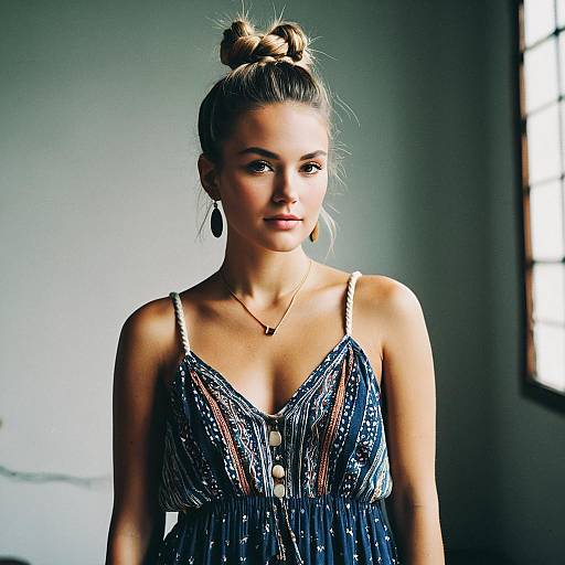 Young Woman with Double Bun Hairstyle in Patterned Summer Dress Indoor Portrait