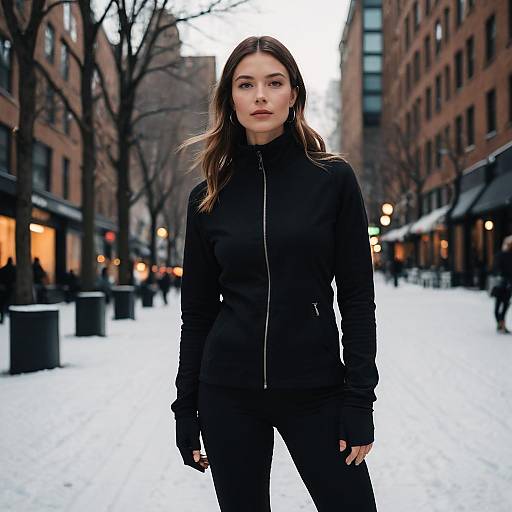 Confident Woman in Black Winter Jacket on Snowy Urban Street