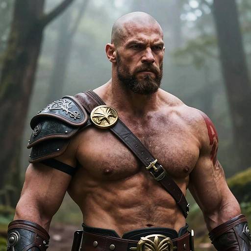 Muscular Warrior Man in Ancient Armor in Forest