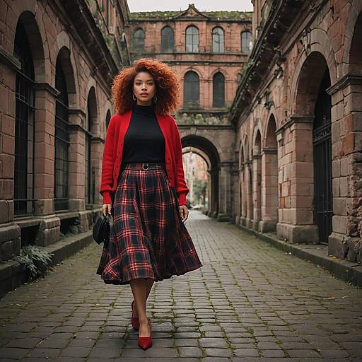 Stylish Woman Walking on Historic Cobblestone Street in Autumn Fashion