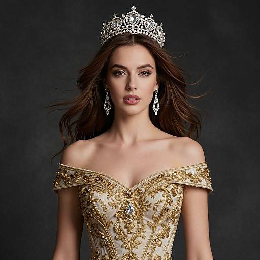 Elegant Woman Wearing Jeweled Tiara and Gold Embroidered Gown