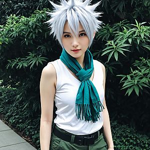 Realistic Cosplay Portrait of Woman with Silver Spiky Hair and Teal Scarf Outdoors