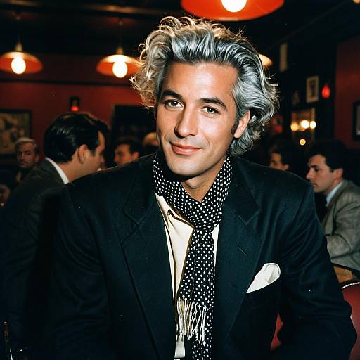Stylish Man with Silver Hair in Vintage 1980s-Inspired Elegant Attire