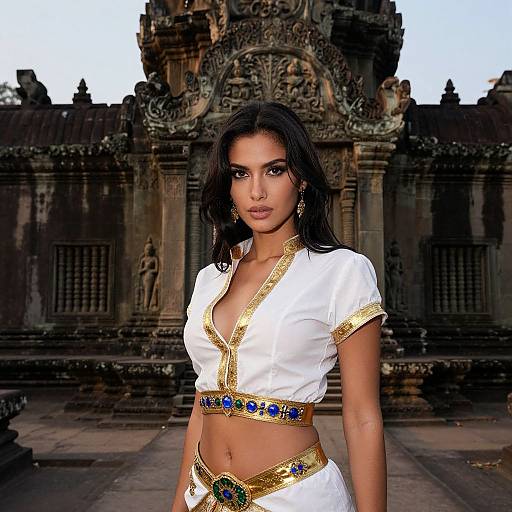 Woman in Traditional Gold-Trimmed Attire at Ancient Temple