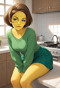 Young Woman in Green Sweater on Kitchen Countertop