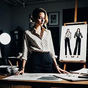 Young Woman at Drafting Table in Fashion Studio