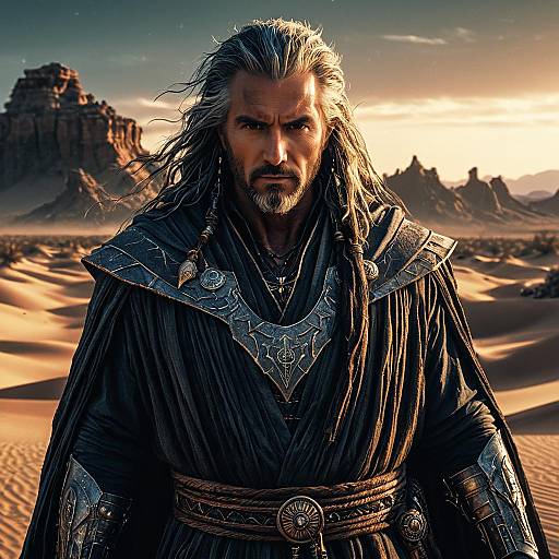 Fantasy Warrior with Silver Hair in Desert Landscape