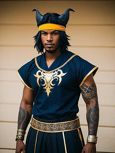 Fantasy Warrior Man with Horns and Gold Accents Costume