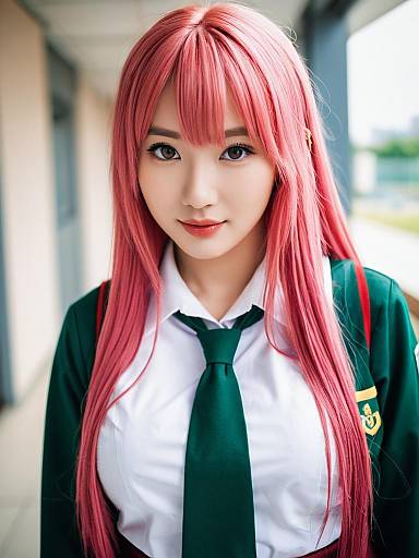 Cosplay Portrait of Woman with Pink Hair in Green School Uniform