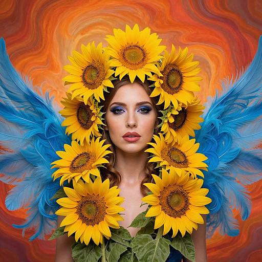 Woman with Sunflower Headpiece and Blue Feathered Wings in Surreal Fantasy Art