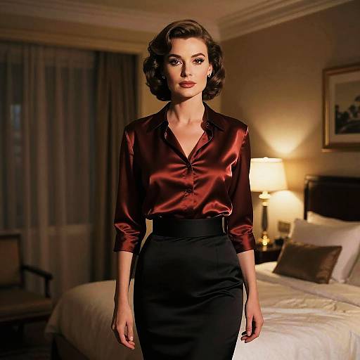 Vintage Glamour Woman in Satin Blouse and Black Skirt in Elegant Bedroom