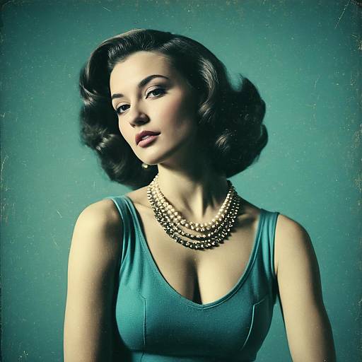 Retro Vintage Style Portrait of Woman in Teal Dress with Pearl Necklace