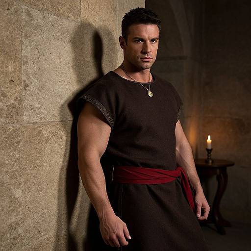 Muscular Man in Medieval Tunic with Red Sash Leaning on Stone Wall