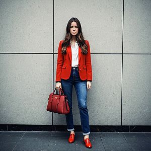 Confident Woman in Red Blazer Against Tiled Wall