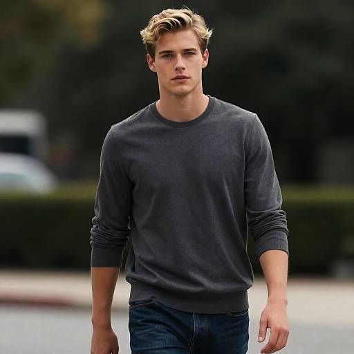Confident Young Man in Casual Grey Sweater Walking Outdoors Gen Z Style