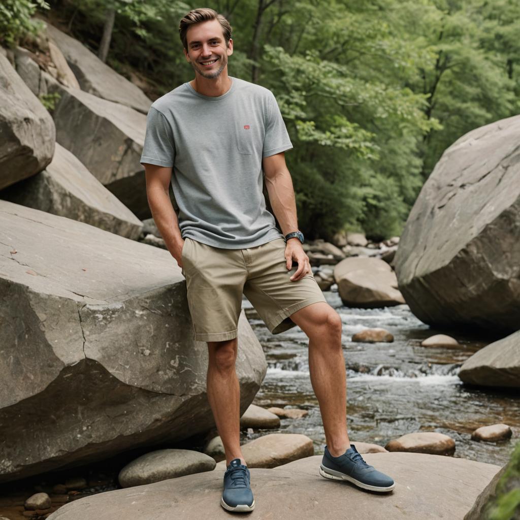 Confident Man on Rocks by Stream