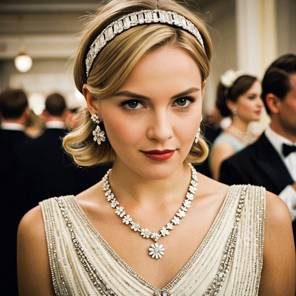 Elegant Woman in Vintage Gown with Floral Jewelry at Formal Event
