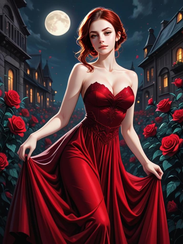Elegant Woman in Red Gown Amidst Roses Under Full Moon
