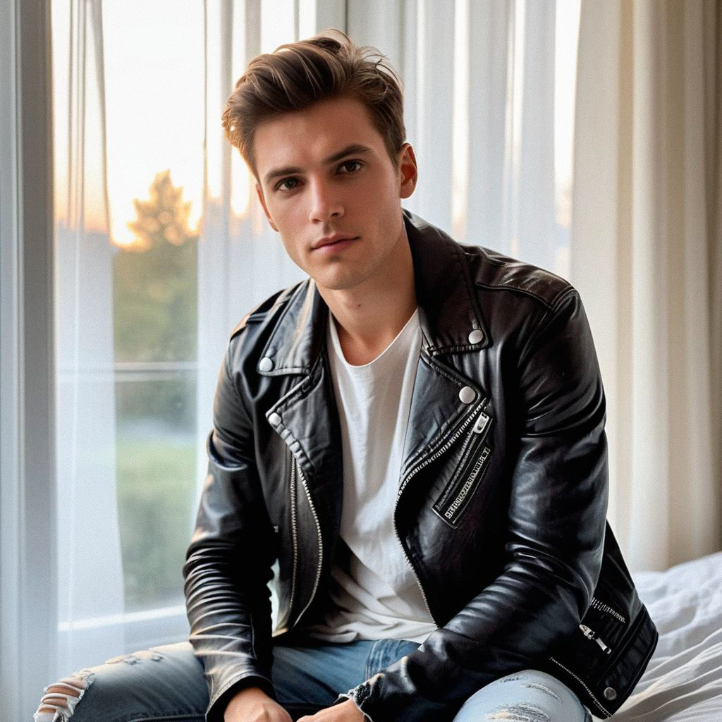 Young man in leather jacket by window