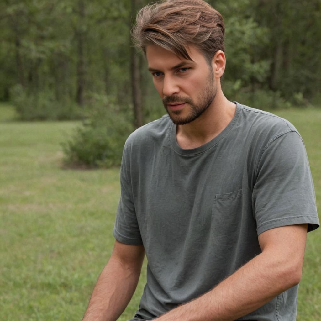 Stylish man in grey T-shirt outdoors