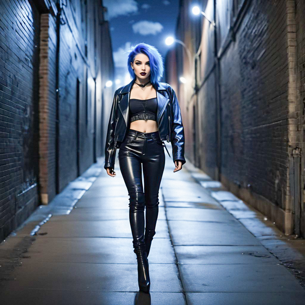 Confident Woman in Urban Alley with Blue Hair