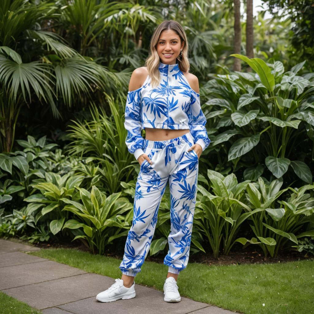 Woman in Blue and White Outfit in Garden