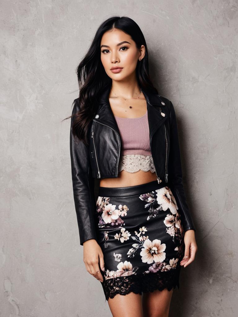 Stylish Woman in Leather Jacket and Floral Skirt Fashion Portrait
