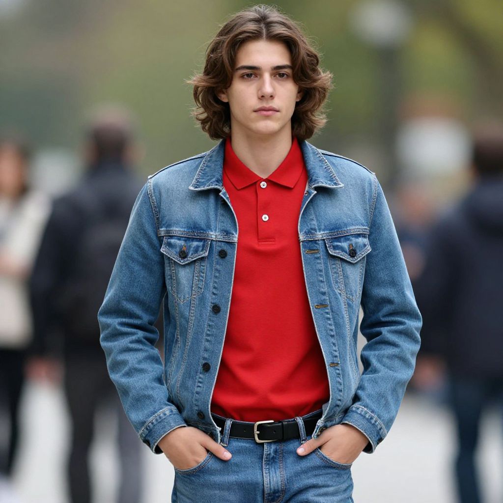 Young Man in Denim Jacket and Red Polo Shirt Walking Outdoors