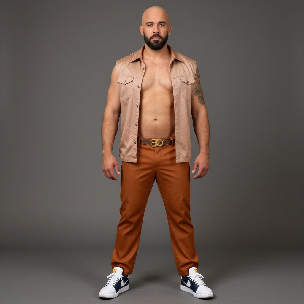 Confident Bald Man in Casual Sleeveless Shirt and Rust Pants