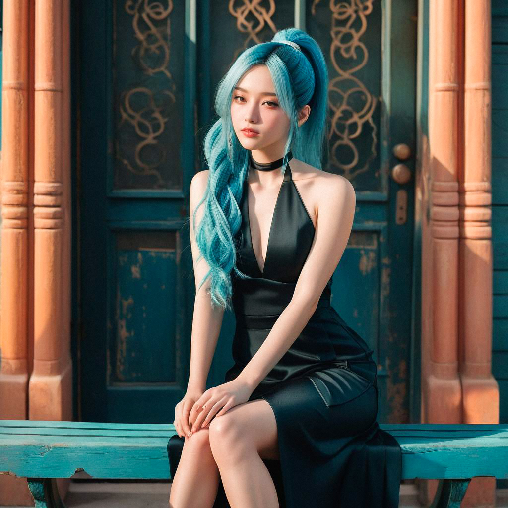 Elegant Woman with Blue Hair on Teal Bench