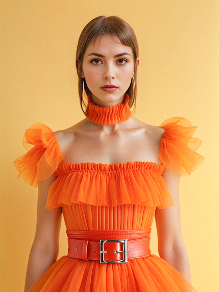 Woman in Orange Dress with Ruffled Sleeves