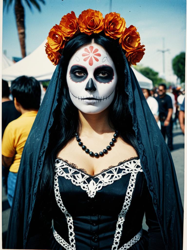 Woman in La Muerte Costume at Cosplay Festival with Skull Makeup and Floral Headdress