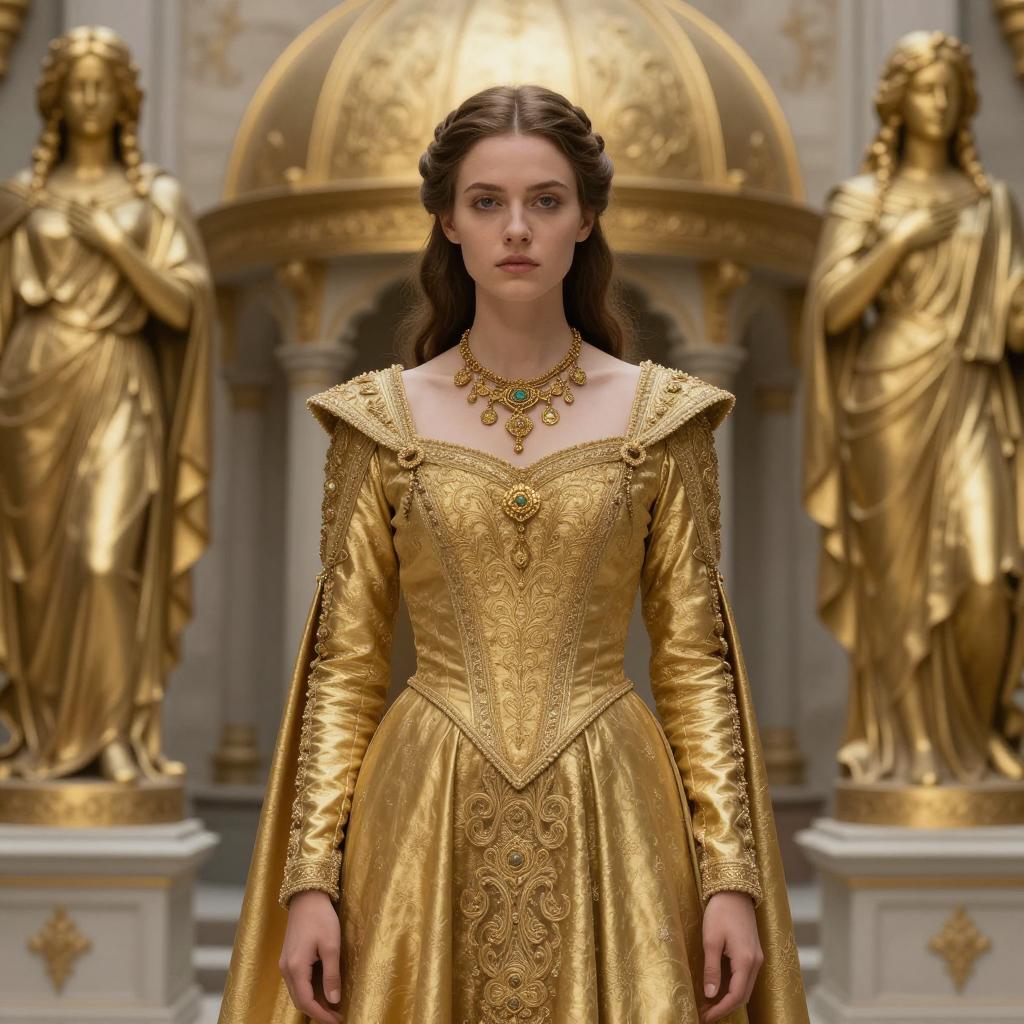 Regal Woman in Ornate Golden Renaissance Gown with Statues Background