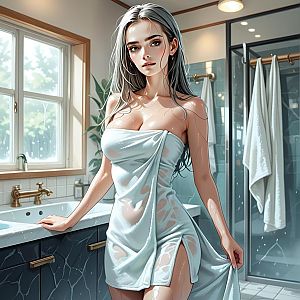 Woman in Modern Bathroom with Wet Hair