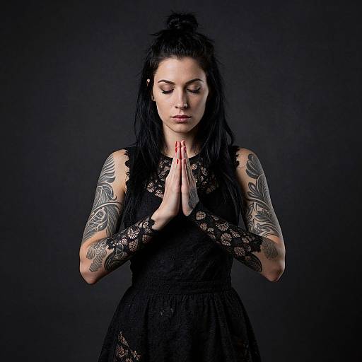 Meditative Woman with Sleeve Tattoos in Black Lace Dress