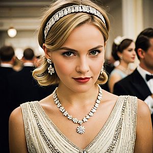 Elegant Woman in Vintage Gown with Floral Jewelry at Formal Event