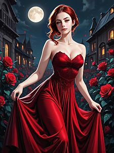 Elegant Woman in Red Gown Amidst Roses Under Full Moon