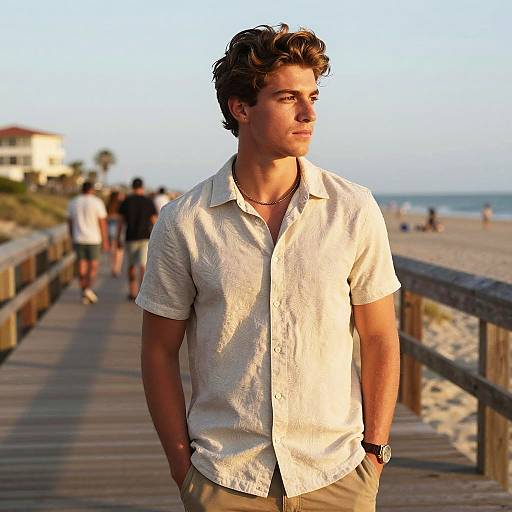 Young Man on Beach Boardwalk in Casual Summer Outfit