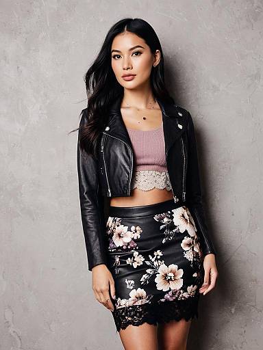 Stylish Woman in Leather Jacket and Floral Skirt Fashion Portrait