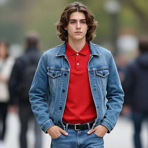 Young Man in Denim Jacket and Red Polo Shirt Walking Outdoors