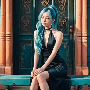 Elegant Woman with Blue Hair on Teal Bench