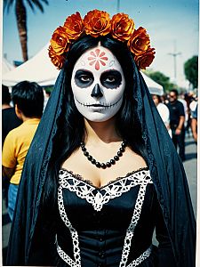 Woman in La Muerte Costume at Cosplay Festival with Skull Makeup and Floral Headdress