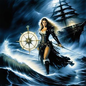 Fierce Pirate Woman with Sword on Stormy Seas