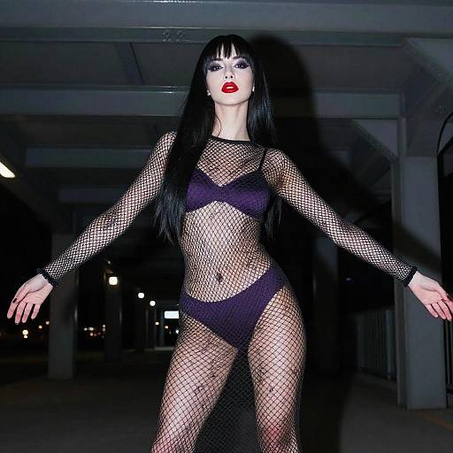Gen Z Woman in Fishnet Dress and Purple Lingerie Urban Night Fashion